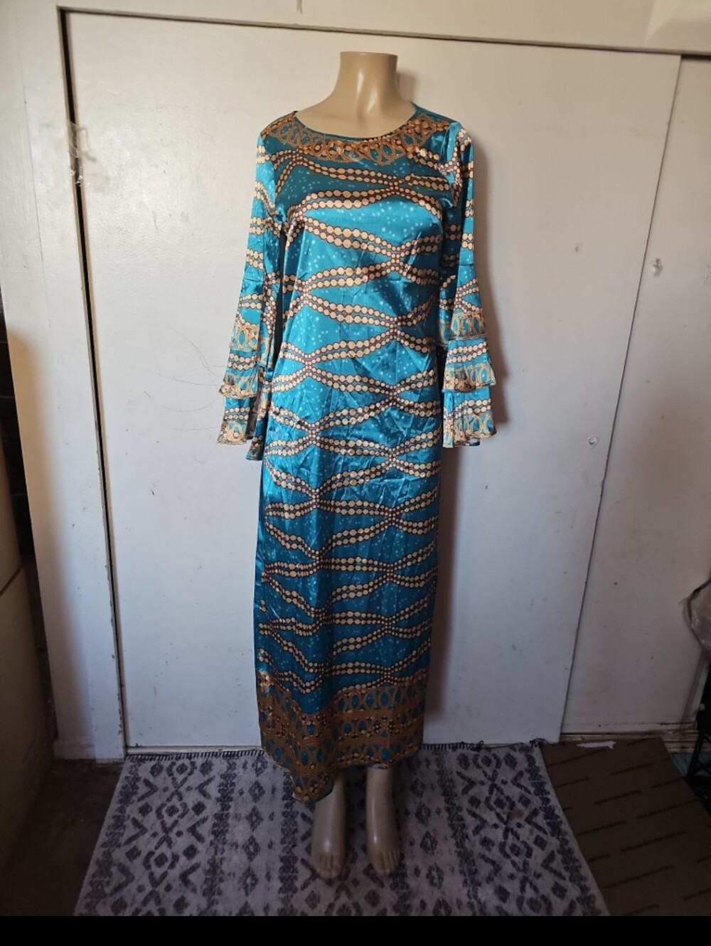 Teal and Gold Printed Maxi Dress with Long Sleeves